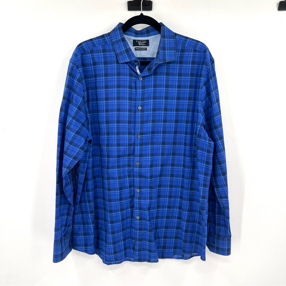 ORIGINAL PENGUIN Heritage Slim Fit Blue Plaid Button Down Shirt 17, 34/35 Cotton